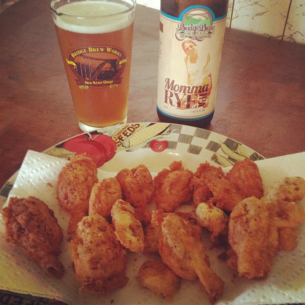 Enjoying some beer battered fried morels with our Tripel and having a Momma Rye IPA- cheers!