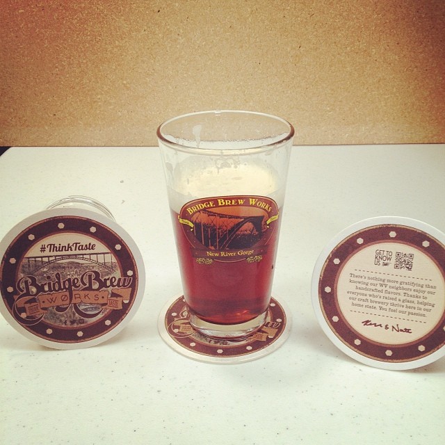 Enjoying a Bridge Brew Ale sitting atop our new coasters- Cheers!